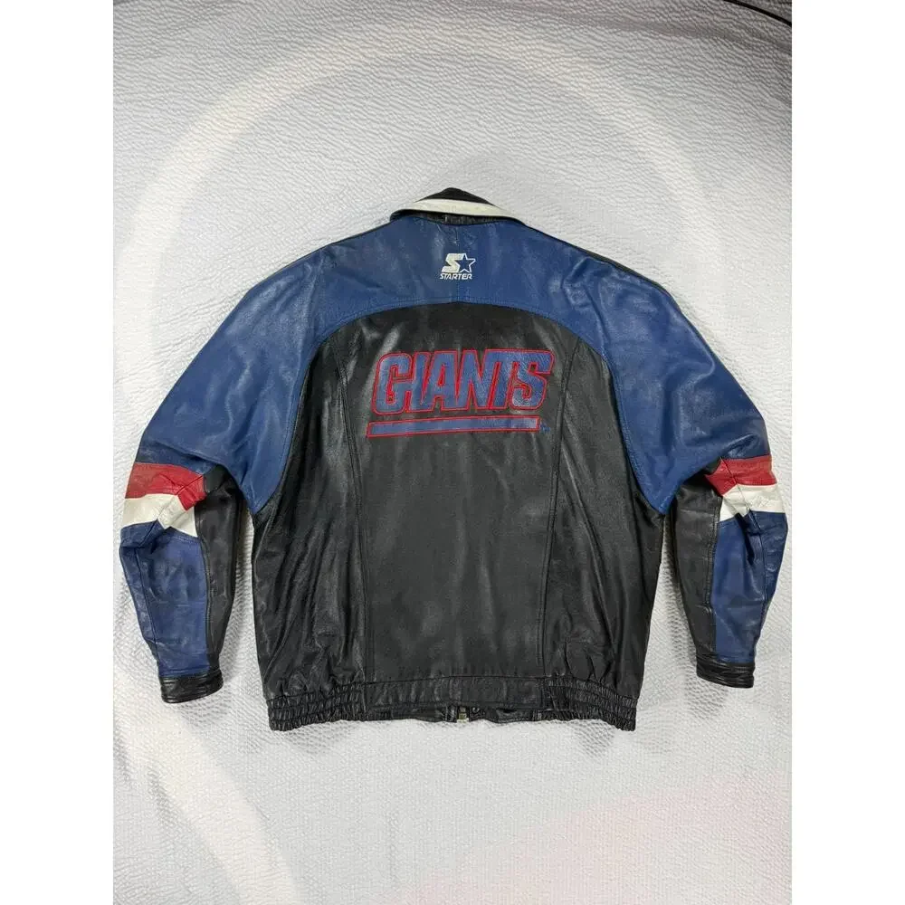 VINTAGE Starter Leather Jacket Mens Large New York Giants Black 90s NFL Football